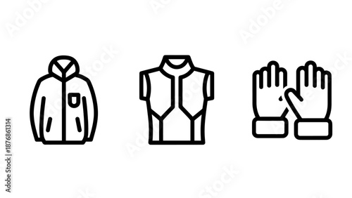 Vector icons of winter clothing: jacket, vest, and gloves