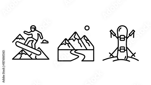 Snowboarder on mountain slope, winter landscape, and snowboard equipment icons in outline style.