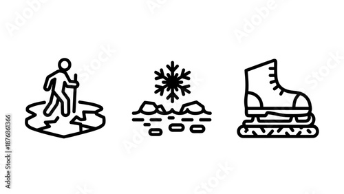 Person ice fishing, snowflake over rocks, and ice skate icons in outline style.