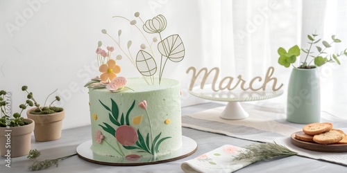 Fresh artistic birthday setup, sage green cake, abstract floral elements, “MARCH” written in thin editorial font, soft diffused daylight, calm creative vibe
