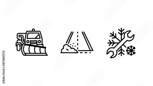 Set of icons for winter road maintenance and mechanics: a snow plow truck, a cleared road section, and a wrench with snowflakes.