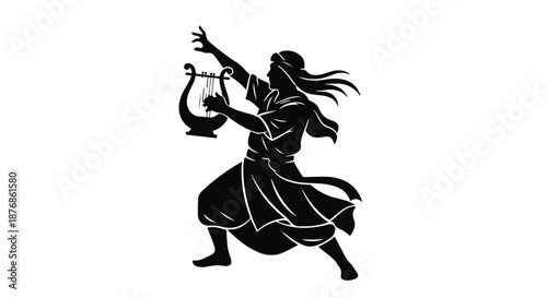 Ancient figure in flowing robes plays a lyre with raised arms and flowing hair, evoking a sense of performance and artistic expression.