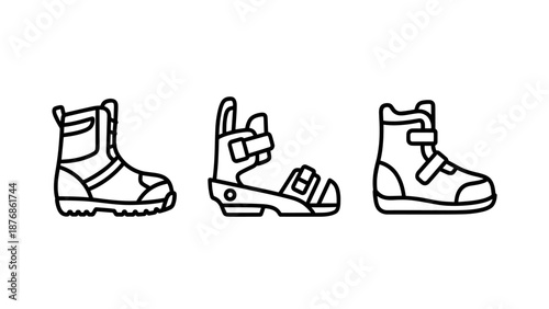 Winter sport boots icon set: ski boot, snowboard boot, and ice skate