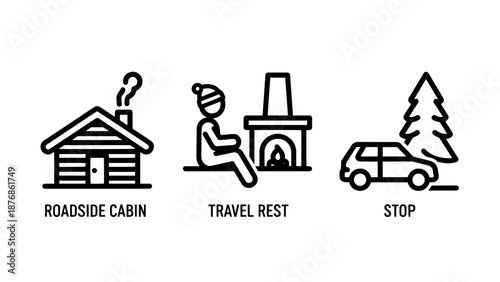 Roadside cabin, travel rest by fireplace, and car stop icon
