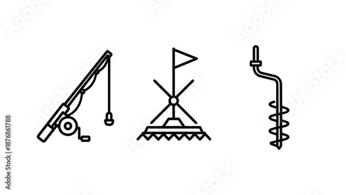 Ice fishing equipment icons: rod, flag marker, and auger, for winter sport and outdoor adventure.