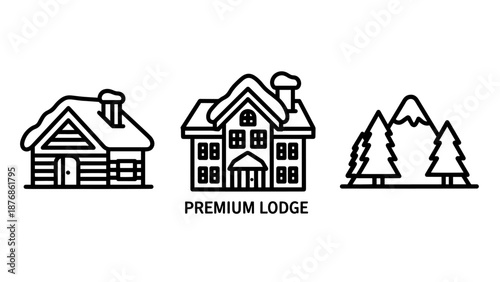 Winter lodging icons: snow-covered cabin, lodge with chimney, and pine trees with mountains.