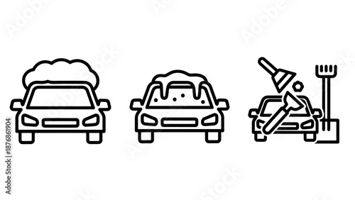 Line art icons illustrating car washing process: foam wash, soapy car, and cleaning with tools like sponges and brushes for car care services.
