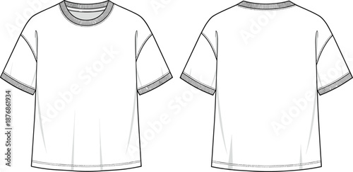 Blank t-shirt front and back technical fashion template, apparel mockup outline for printing, merchandising, cad drawing flat vector illustration