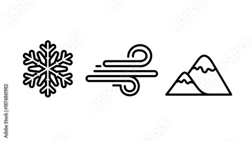 Icons representing winter weather phenomena: snowflake, wind, and snow-capped mountains, illustrating cold climate conditions and natural forces.