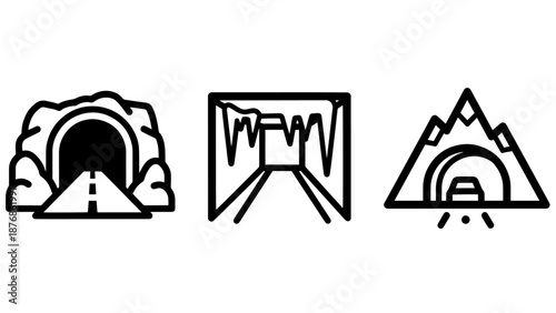 Icons depicting tunnels: cave entrance, icy tunnel, and mountain road tunnel with a car, representing passages and transportation routes.
