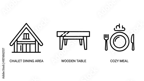 Chalet dining area with fireplace icon, wooden table icon, and cozy meal setting with cutlery icon, for winter comfort.