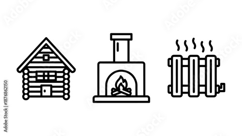 Cozy winter home icons: log cabin, fireplace with flame, and a steaming radiator for heating comfort.