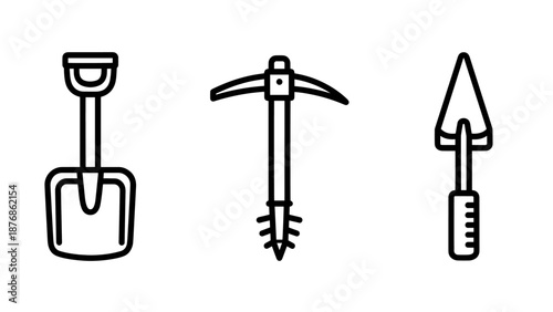 Gardening and digging tool icons: shovel, pickaxe, and trowel, for excavation and ground work.