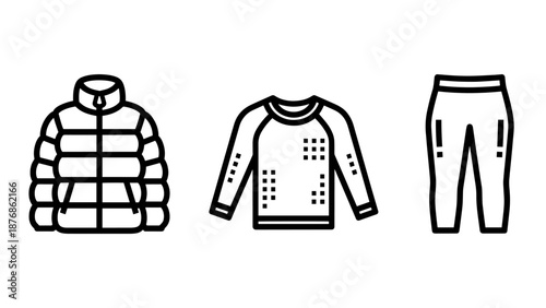 Winter clothing set: a puffer jacket, a long-sleeved shirt, and pants, essential for cold weather.