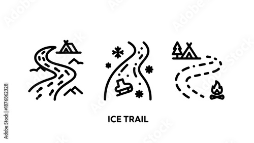 Travel and winter sport icons: cozy log cabin, luggage, skis, and snowboard gear for a mountain getaway