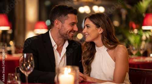 Happy couple in love enjoying a luxury date night with candlelight and soft bokeh