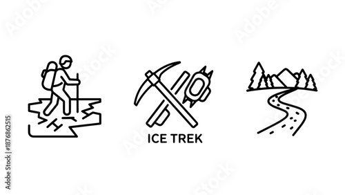 Icons for mountaineering and ice trekking: a hiker on a rocky path, crossed ice axe and crampons, and a mountain trail with trees, signifying adventure.