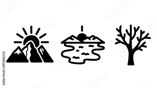 Nature scene icons: sun rising over mountains, a tranquil lake reflecting mountains, and a bare winter tree, representing natural landscapes.