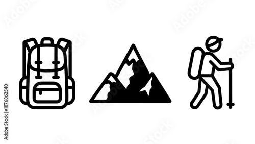 Outdoor adventure gear icons: a large backpack, a silhouetted mountain, and a hiker with poles, representing trekking and exploration.