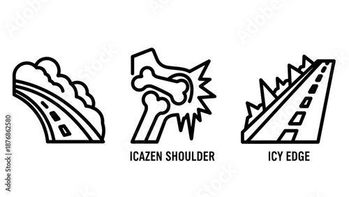 Winter road hazard icons: Snowdrift on road, shoulder injury concept, and icy road edge.