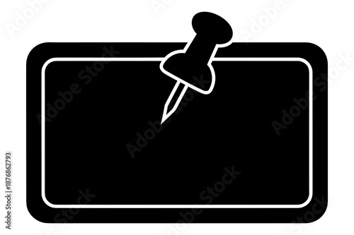 Simple black rectangular notice board icon featuring a large pushpin fastening the top corner for easy display and message retention.