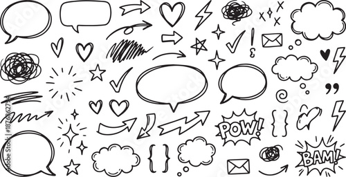Hand drawn comic speech bubbles and emoticons for creative design and communication