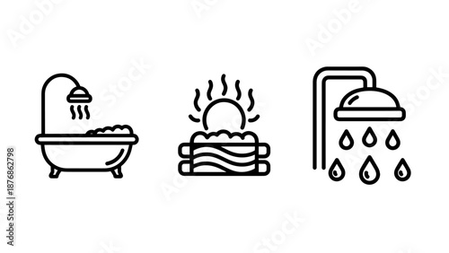 Water and relaxation icons: bathtub, steaming hot tub, and shower