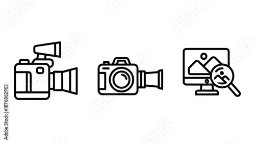 Digital Media and Photography Icons: Professional Video Camera, DSLR Photo Camera, and Image Search Online Outline