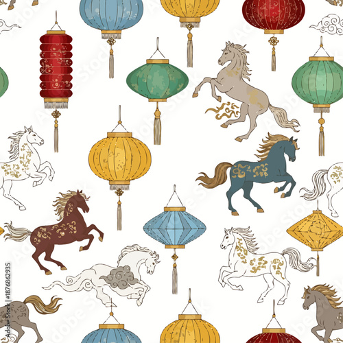 Dynamic seamless pattern of colorful Chinese lanterns and majestic