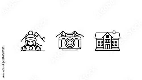 Line art icons featuring a photographer capturing mountain landscapes, travel adventures, and cozy winter cabins for outdoor tourism.