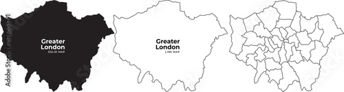Greater london boroughs map illustration with black white and outline variations for navigation and planning