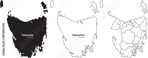 Tasmania island maps in three styles black filled and outline vector illustrations