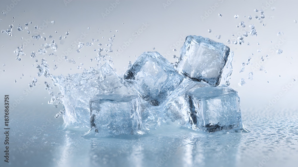 Obraz premium Dynamic Water Splash with Ice Cubes on a Light Gradient Background