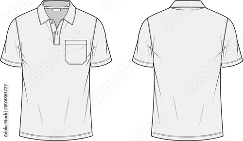 Men polo shirt technical sketch front back view cad drawing flat vector illustration for fashion design apparel production