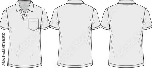 Men polo shirt technical fashion CAD drawing with front and back views pocket details cad drawing flat vector illustration