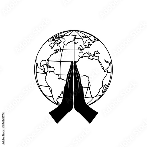 Praying hands in front of a globe representing global unity and peace  