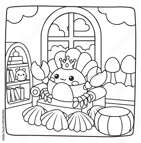 Cute underwater world coloring page for kids, funny sea animals line art, 2D vector illustration