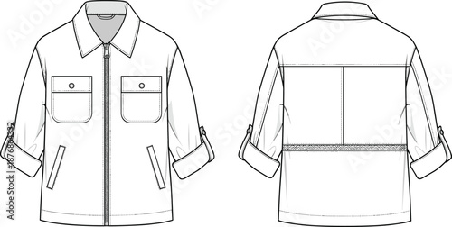 Men utility jacket front and back technical fashion template with pockets and rolled sleeves, apparel mockup cad drawing flat vector illustration