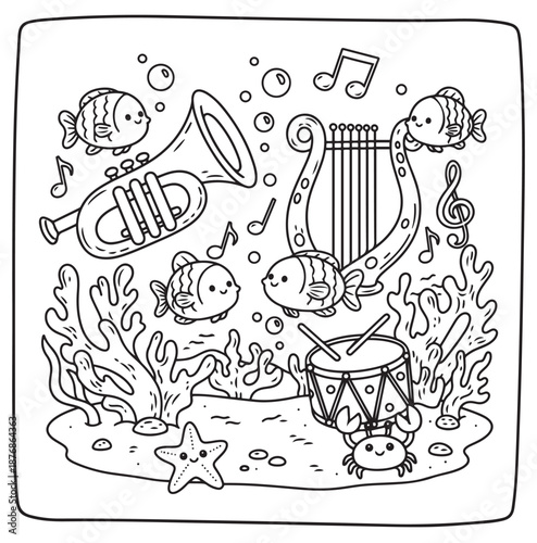 Cute underwater world coloring page for kids, funny sea animals line art, 2D vector illustration