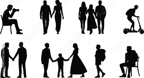 Silhouettes of people engaging in various activities and interactions on a white background