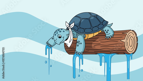 Cartoon Turtle Resting On A Log With Water Dripping In Blue Background