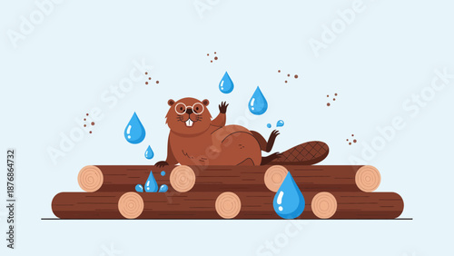 Cartoon Beaver Relaxing On Log Pile With Water Droplets Illustration