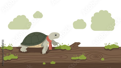 Cartoon Turtle Wearing Scarf Adventure on Log with Clouds Background Illustration