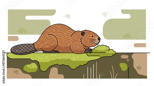 Cartoon Beaver Sitting On Riverbank Flat Vector Illustration Design