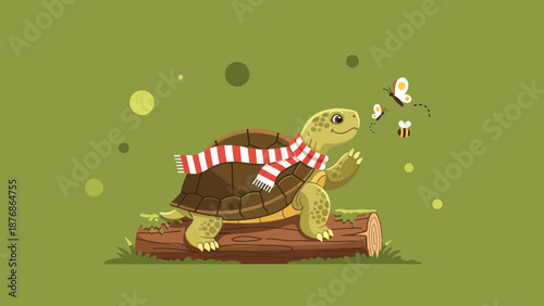 Cartoon Turtle Wearing Scarf Enjoying Spring With Butterflies And Bees In Meadow