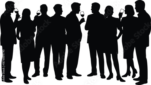 Group of people in formal attire holding wine glasses in silhouette against white background
