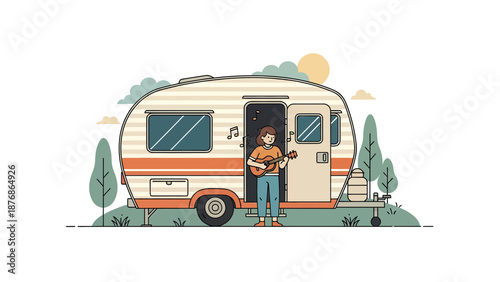 Cartoon Character Plays Guitar At Campsite With Trailer Under Sunshine