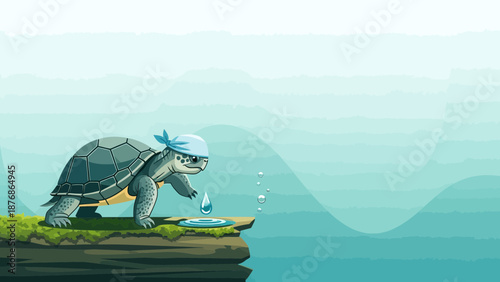 Cartoonish Turtle Wearing Bandana Leaking Tear On Edge Of Cliff Graphic