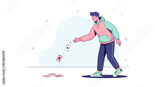 Casual Young Man Doing Card Tricks For Fun Leisure Time Activity