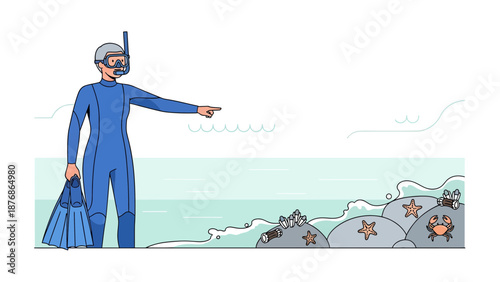 Cartoon Diver Ready For Underwater Exploration Adventure Near The Shoreline